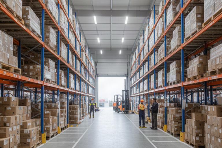 Almacén de distribución organizado con pasillos señalizados y mercancía preparada para expedición